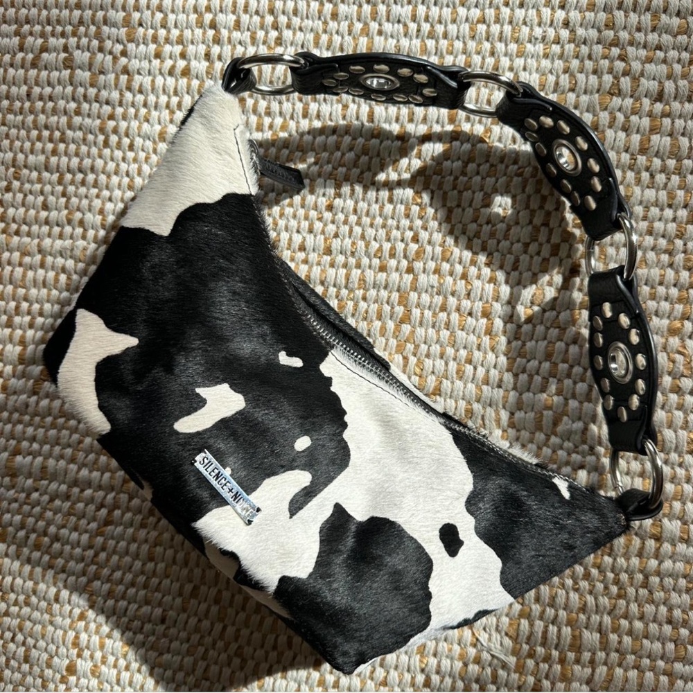 SILENCE + NOISE Luna Animal Cow Print Western Bag Baguette Purse Belt Strap